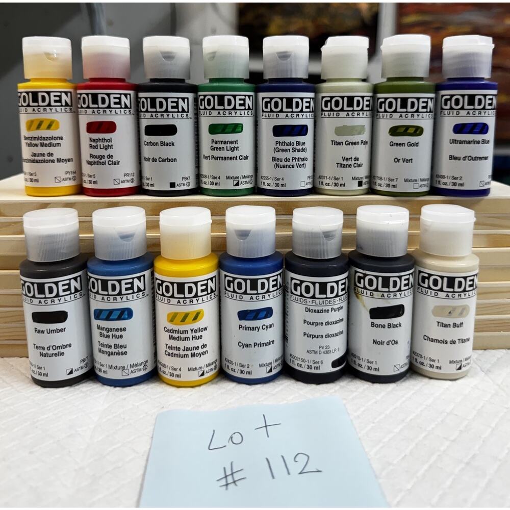 LOT OF 15 Golden Fluid Acrylics 1 fl. oz. /30 ml Sealed No Duplicates LOT112